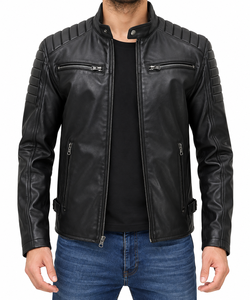 Veste de moto en cuir de vache noir respirant pour homme, coupe ajustée, col montant, fermeture éclair, style motard, hiver - Product Image 1