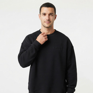 Sudadera con hombros caídos para hombre, de alta calidad, con logo personalizado, de algodón polar, cuello redondo, oversize, negra. - Product Image 2