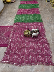 Sari rose et vert élégant pour femme avec broderies et travail de miroir, robe de mariage indienne traditionnelle - Product Image 2