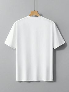 Men's White Cotton/<b>Bamboo</b> Fiber <b>Yarn</b> Dyed O-Neck Short Sleeve Regular Fit Casual Jersey Knit Letter Pattern Blank Top - Product Image 3