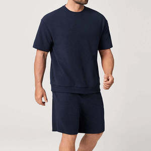 Men's Blue Color Short Sleeve T-Shirt & Shorts <b>Set</b> Casual Summer Wear Breathable <b>Knitted</b> Polyester Outfit - Product Image 1