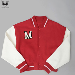 Women's Red Varsity <b>Jacket</b> Full Sleeve Button Closure Contrast Rib Trim Embroidered Letter M Logo Autumn Regular Fit Outerwear - Product Image 3