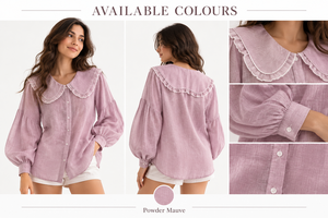 Vintage Romantic <b>Pink</b> Womens Blouse with Large Ruffle Collar <b>Long</b> Puff <b>Sleeves</b> Linen Cotton Office Minimalist Simple OEM - Product Image 5