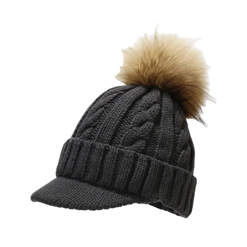 Tuyệt Vời Phụ Nữ Mùa Đông Dày Ấm Áp Mờ Đan Beanie Cap Với Visor Dễ Thương Pompom Thời Tiết Lạnh Windproof Mũ Bóng Chày