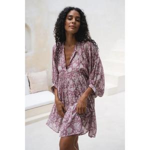 Minivestido Casual Hecho a Mano de Alta Calidad con Estampado Floral, Cuello en V, Manga Abullonada, Algodón, Corte en A, Ecológico, Lavable, con Botones y Cintura Natural - Product Image 1