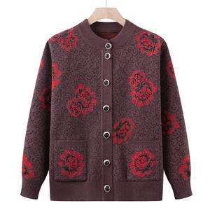Pull/Cardigan tricoté vintage brodé floral automne/hiver pour femme d'âge moyen et âgée, 100 % polyester épais - Product Image 2