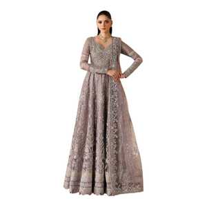Robe élégante en mousseline de soie brodée de couleur violette, coupe trapèze, manches longues, col en V, longueur au sol, robe pour mère de la mariée - Product Image 1