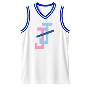 Maillot de basketball blanc pour femme, sans manches, col en V, en maille respirante, avec logo JJ brodé, bordure contrastante, personnalisable pour le jour du match - Product Image 1
