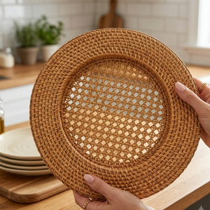 Sous-plat rond en rotin naturel tressé à la main, moderne, écologique, léger, diamètre 350 mm - Product Image 2