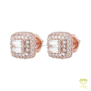 925 Sterling Silver Moissanite <b>Diamond</b> <b>Square</b> Stud <b>Earrings</b> Baguette Center Stone With Round Border Elegant Jewelry - Product Image 2