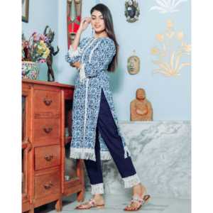 Ensemble Kurta pour femmes en denim bleu respirant en coton et fibre de bambou XS - Product Image 6
