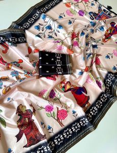 Soft <b>Silk</b> <b>Fabric</b> With Arrow Weaving Border And Beautiful Kalamkari Digital Print And Contrast Running Blouse - Product Image 2