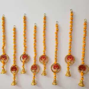 Orange Modern Eco-Friendly Pom Pom <b>Bell</b> Garland with Lotus Flower Wall Hanging Decor Handmade Diwali Door Decoration - Product Image 2