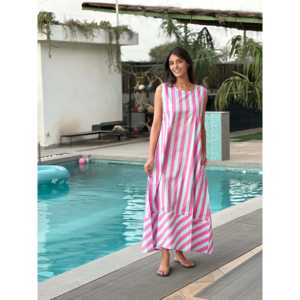 Vestido Maxi sin Mangas a Rayas Rosa y Blanco para Mujer, Corte Holgado Informal, Estilo Línea A, Ligero, para Vacaciones y Uso Diario, 100% - Product Image 4