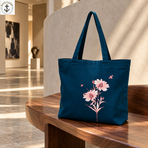 Bolsa de Lona Azul Turquesa con Estampado Floral Botánico Rosa |   Bolso de hombro para uso diario con asas largas y arte floral natural - Product Image 2