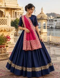 Traditional Indian Navy Blue <b>Lehenga</b> Choli with Pink Dupatta Floor Length Slim Fit Quick Dry Wedding Wear for <b>Women</b> - Product Image 4