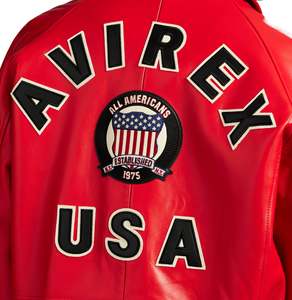 Custom <b>Men's</b> Red Leather <b>Bomber</b> <b>Jacket</b> Embroidered Patch Front Zipper Casual Style Turn-down Collar - Product Image 3