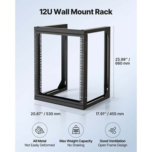 12U Wall Mount Server Rack Open <b>Frame</b> Network Rack 180 Degree Gate <b>Swing</b> Carbon Steel 150 Lbs Max Load Capacity <b>for</b> Data 32U - Product Image 4