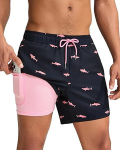 Pantalones cortos de hombre con estampado de tiburón, cintura media, cordón ajustable, secado rápido, informales, con bolsillos, rosa marino - Product Image 1