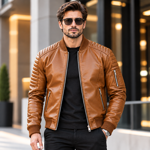 Chaqueta Bomber de Cuero Vacuno Marrón para Hombre con Cuello Alto, Mangas Acolchadas, Cierres Metálicos, Estilo Moto, Diseño Casual - Product Image 1