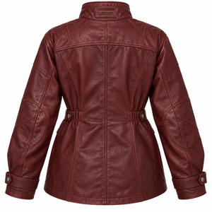 Womens Burgundy Leather Field Jacket Dark <b>Red</b> Genuine Lambskin Safari Utility <b>Coat</b> Cinch <b>Waist</b> Snap Collar Flap Pocket Outerwear - Product Image 2
