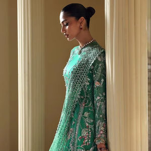 Premium Pakistani Anarklai <b>Dress</b> <b>Mint</b> Green Sage Pastel Floor Length Long Maxi With Delicate Floral Threadwork Sequin Detailing - Product Image 1