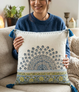 Artisan Hand-<b>Blocked</b> Traditional Decorative Pillow Case Featuring Semicircular Motifs and <b>Corner</b> Tassels, Bulk Supplier18X18 - Product Image 2