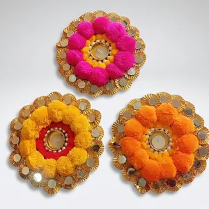 Handmade Round <b>Tea</b> <b>Light</b> <b>Holder</b> with Pom Poms and Mirror Accents for Christmas & Easter Home Decoration Wall Mounted - Product Image 4