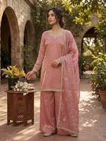Ensemble Kurta Sharara Plazzo en soie Fendy brodée rose pour femmes avec dupatta, entièrement cousu, tenue ethnique pour fêtes et mariages