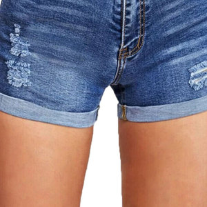 Shorts de Mezclilla Lavada de Cintura Alta, Corte Ajustado, Transpirables, Color Azul Claro, con Dobladillo Deshilachado y Detalles Rotos, Estilo Casual de Verano, Unisex, Tejido de Sarga - Product Image 2