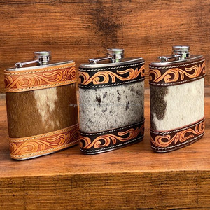 Vente chaude 7oz pour whisky en acier inoxydable usiné à la main en cuir flacon de hanche en cuir de vache enveloppement flacon de hanche et entonnoir pour vin whisky - Product Image 4