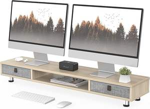 Support double moniteur en bois avec 2 tiroirs, rehausseur de bureau réglable en hauteur pour utilisation informatique au bureau - Product Image 4