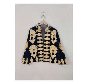 Velvet Hand Embroidered Suzani Quilted Jacket Breathable Cotton Bohemian Women's <b>Coat</b> - Product Image 1