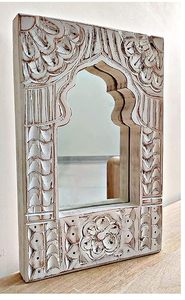 Distressed White Wooden <b>Wall</b> <b>Mirror</b> Carved Arch Frame Decorative <b>Mirror</b> Rustic Vintage Decor for Living Room Anniversary - Product Image 2