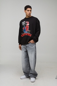 Men's <b>Black</b> <b>Crew</b> <b>Neck</b> <b>Sweatshirt</b> with Embroidered Logo Raglan Sleeve Regular Fit French Terry Pullover for Autumn - Product Image 2