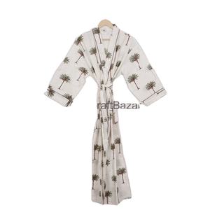 Kimono largo de algodón puro con estampado Floral blanco para mujer, ropa de dormir de estilo indio, albornoz, ropa de dormir cómoda para todas las estaciones - Product Image 1