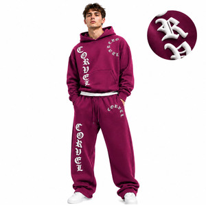 Ensemble de survêtement en coton épais de haute qualité avec impression 3D en relief, sweat à capuche oversize et pantalon de jogging à double taille, motif graphique personnalisé - Product Image 1