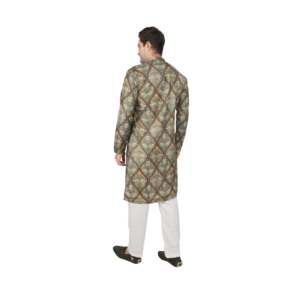 <b>Men's</b> Ethnic Kurta <b>Pajama</b> Set-Brown Traditional Printed Embroidered Dola <b>Silk</b> Festive Wear - Product Image 3