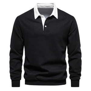 Camiseta de Punto de Manga Corta para Hombre, 100% Algodón, Transpirable, Corte Holgado Informal, Cuello Alto, Color Azul Marino Sólido - Product Image 5