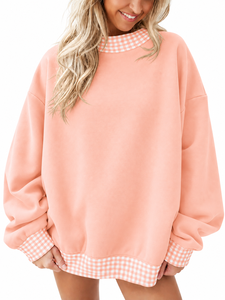 Casual Mockneck <b>Top</b> Gingham Trim Sweatshirt <b>Long</b> <b>Sleeve</b> Pullover Design Loose Comfortable Fit Everyday Fashion Clothing - Product Image 3