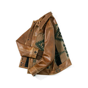 Veste en cuir vintage pour homme, en cuir de vache véritable, patchwork à motifs géométriques, col rabattu, simple boutonnage, pour l'automne - Product Image 4