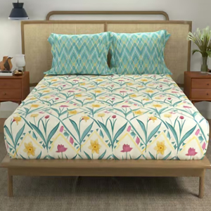100% Cotton Breathable Woven Sateen Fabric Queen/<b>King</b> <b>Size</b> Bed <b>Sheets</b> Set with 2 Pillow Covers 144 TC Floral Pattern Green - Product Image 3