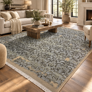 Hand Knotted Wool Grey Damask Area <b>Rug</b> with <b>Black</b> Floral Vines Beige Distressed Accents for Living Room <b>Bedroom</b> Hotel Decor - Product Image 1