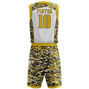 Custom Men's Basketball Uniform White Yellow <b>Camouflage</b> Print V-Neck Quick Dry Sporty Jersey Set Summer Wear - Product Image 3