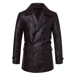 Veste en cuir pour homme, double boutonnage, mi-longue, coupe ajustée, style coréen, décontractée, coupe-vent, formelle, automne-hiver - Product Image 6