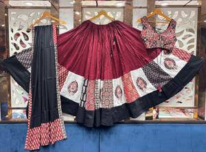 <b>Women</b> Traditional Indian Pakistani <b>Lehenga</b> Choli Set Red Black Cotton Floor Length Wedding Wear Hand Drawn Print Loose Fit - Product Image 5