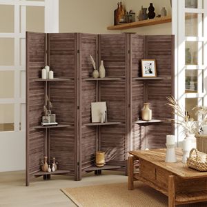 67\" Tall Wood Privacy <b>Screen</b> Divider 3 Shelves 6 Panel Traditional Freestanding Divider for Dining Walnut <b>Folding</b> Storage for - Product Image 2