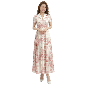 Vestido Largo Elegante para Mujer, Precio de Fábrica, Color Rosa Floral, Satinado, Maxi Vestido de Manga Corta, Estampado Vintage, Cintura Natural, Ecológico - Product Image 1