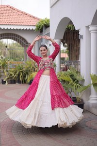 Pink Embroidered <b>Lehenga</b> Choli With Cream <b>Skirt</b> Traditional Indian Wedding Wear For Women Cotton Floor Length Loose Fit - Product Image 5