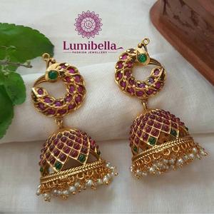 Peacock Pearl Gold Plated Stud Jhumkis-Ethnic Vintage Tassel Earrings for Wedding and Party - Product Image 1